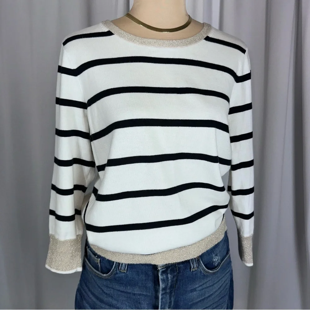 Lands End‎ Women’s Striped 100% Supima Cotton Sweater Sz S 3/4 Sleeve Metalli